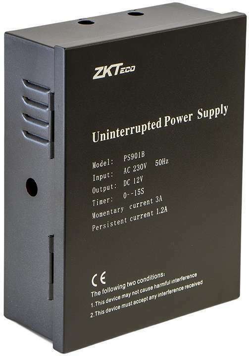 The ZKTeco PS901B power supply with battery backup provides stable 12V DC output with momentary current of 3A and persistent current of 1.2A, and features a timer function and easy installation.