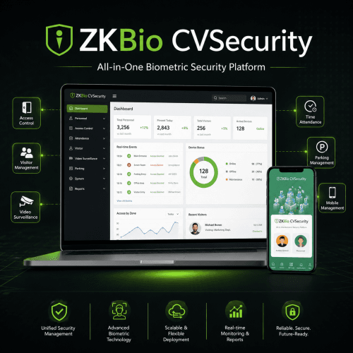 ZKBio CVSecurity biometric security platform dashboard showing access control, visitor management, video surveillance, time attendance and mobile management.