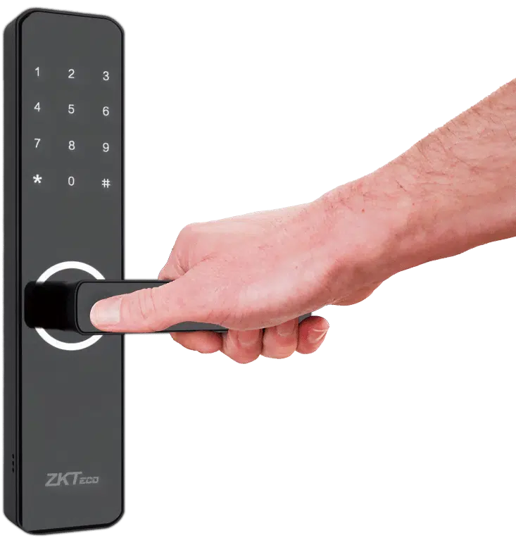 Hand pressing the fingerprint sensor on a ZKTeco smart door lock with touchpad keypad
