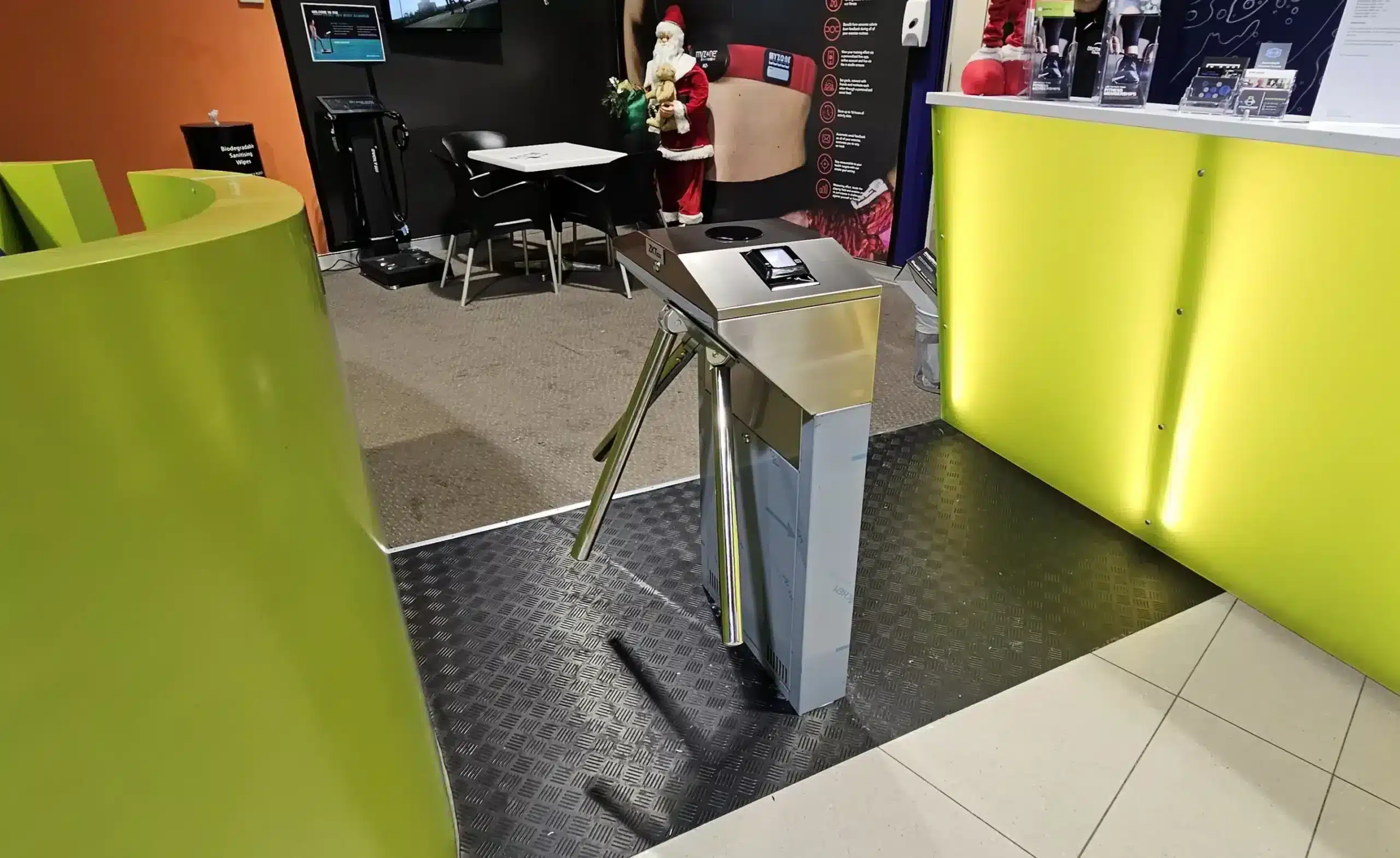 Gym Access Control Solutions: ZKTeco TS1000 tripod turnstile at Northern Arena, integrated with QR600 barcode scanner for secure gym access