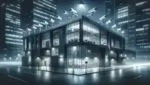 Modern office building at night, secured with multiple CCTV cameras, highlighting the enhanced security and vigilance provided by CCTV surveillance systems.