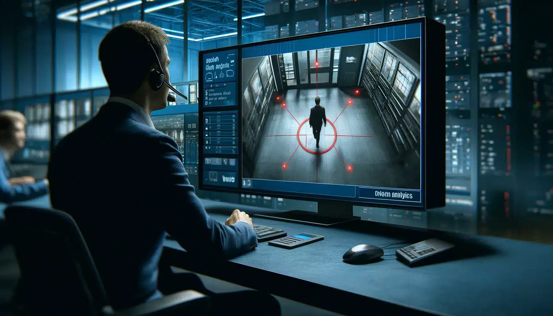 Advanced CCTV monitoring with video analytics: a security operator intently watches a live feed on a monitor, where a person is tracked by red bounding boxes within a high-tech control room, emphasizing sophisticated surveillance capabilities.