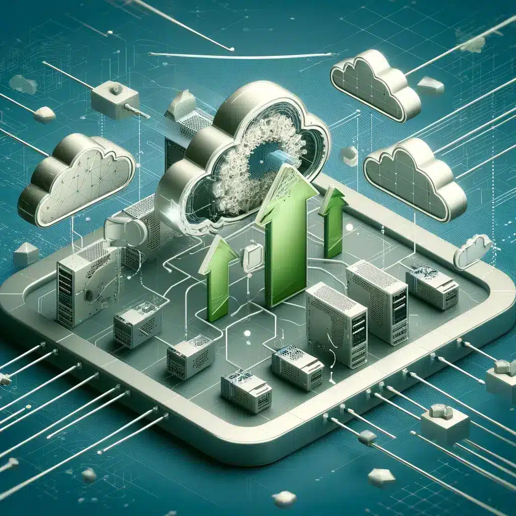 Three-dimensional depiction of automatic updates in cloud-based access control systems, showing interconnected network devices and update arrows in a green and grey color scheme, symbolizing advanced, seamless technology updates.