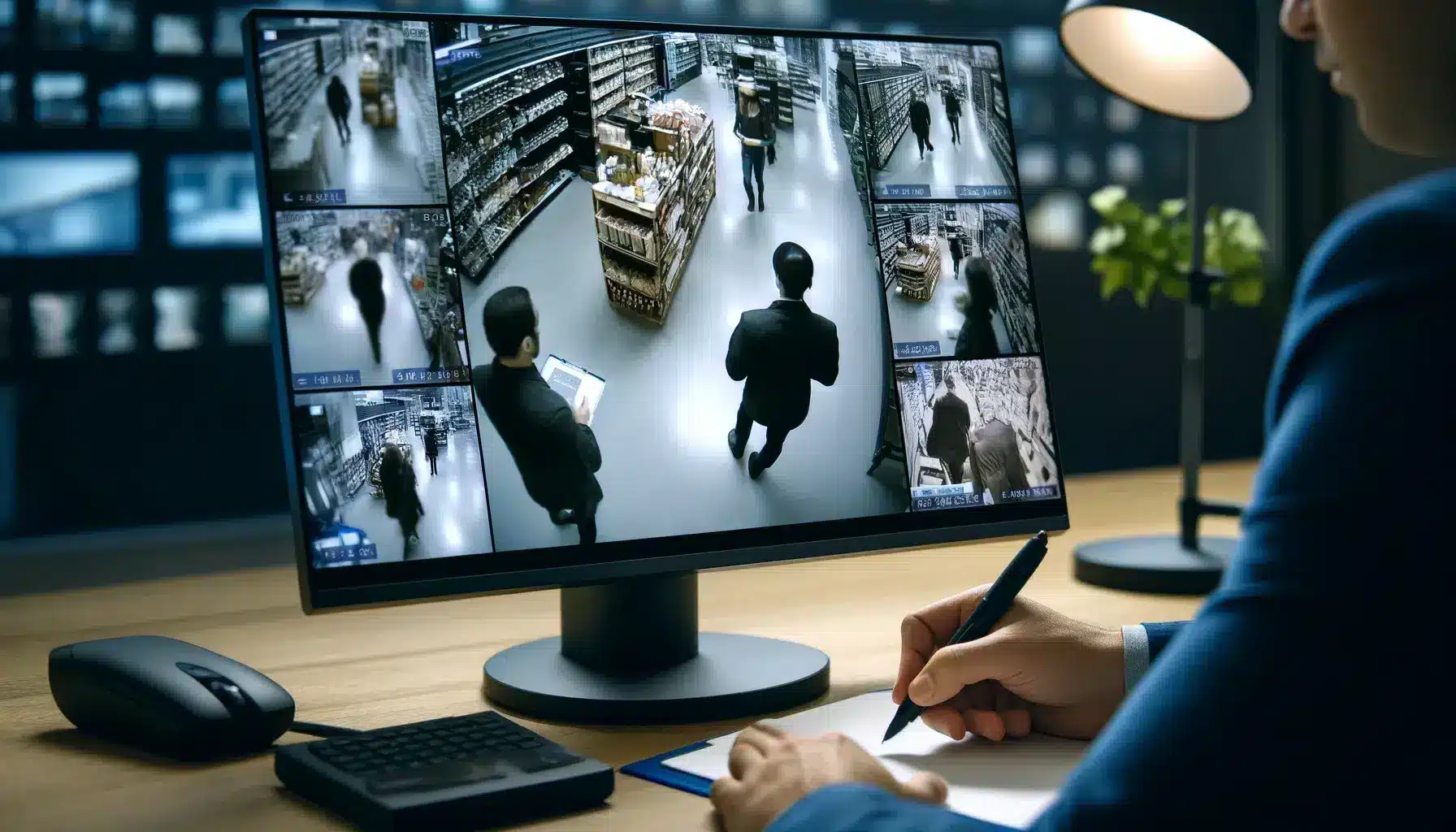 Detailed view of a security camera monitor showing high-resolution footage for post-incident analysis in a retail environment. The image reveals fine details like facial features, clothing, and items on shelves, demonstrating the detailed analysis capabilities of the 4K camera. Security personnel are taking notes or interacting with the footage.