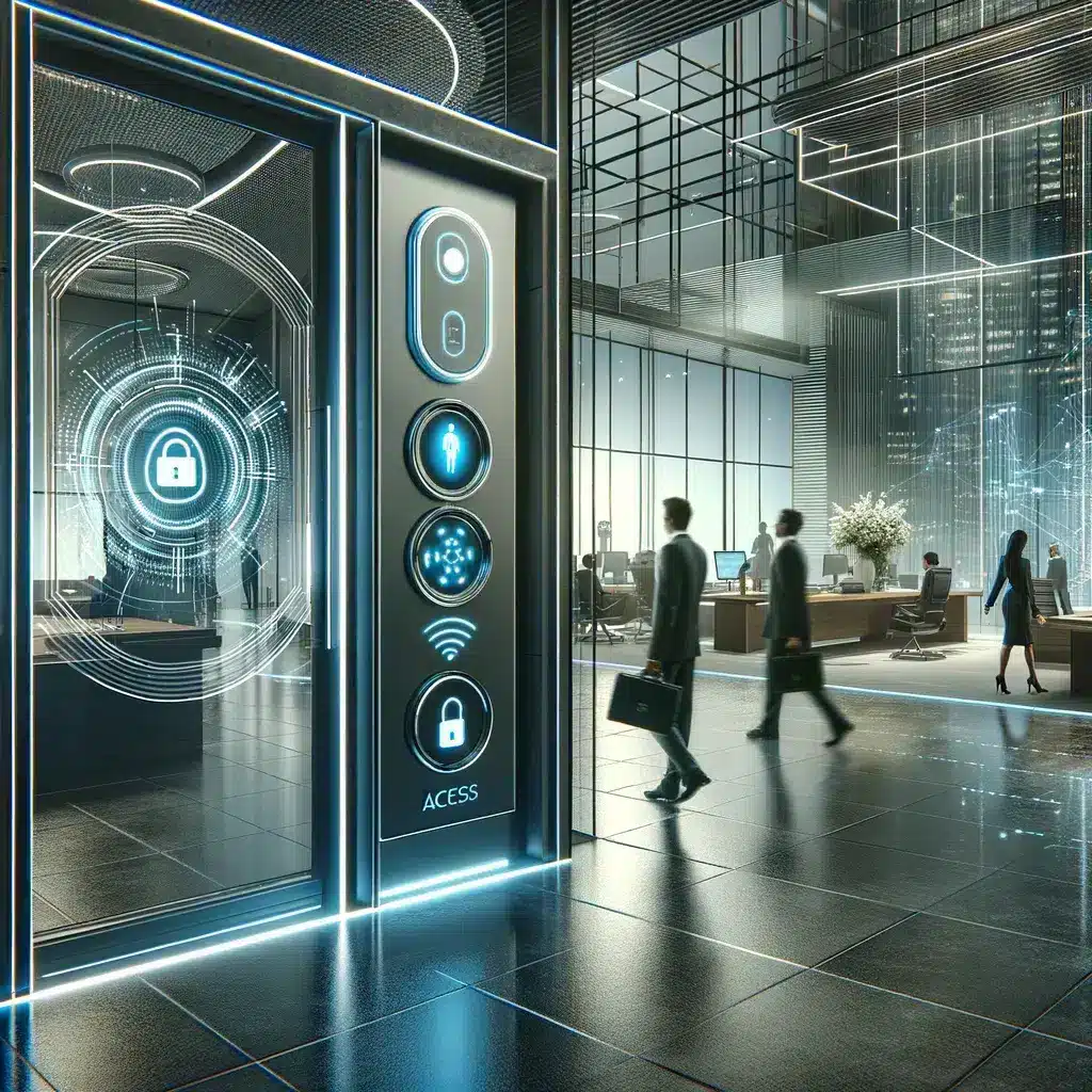 Futuristic corporate environment showcasing modern key fob access control systems with employees in a high-tech office setting.