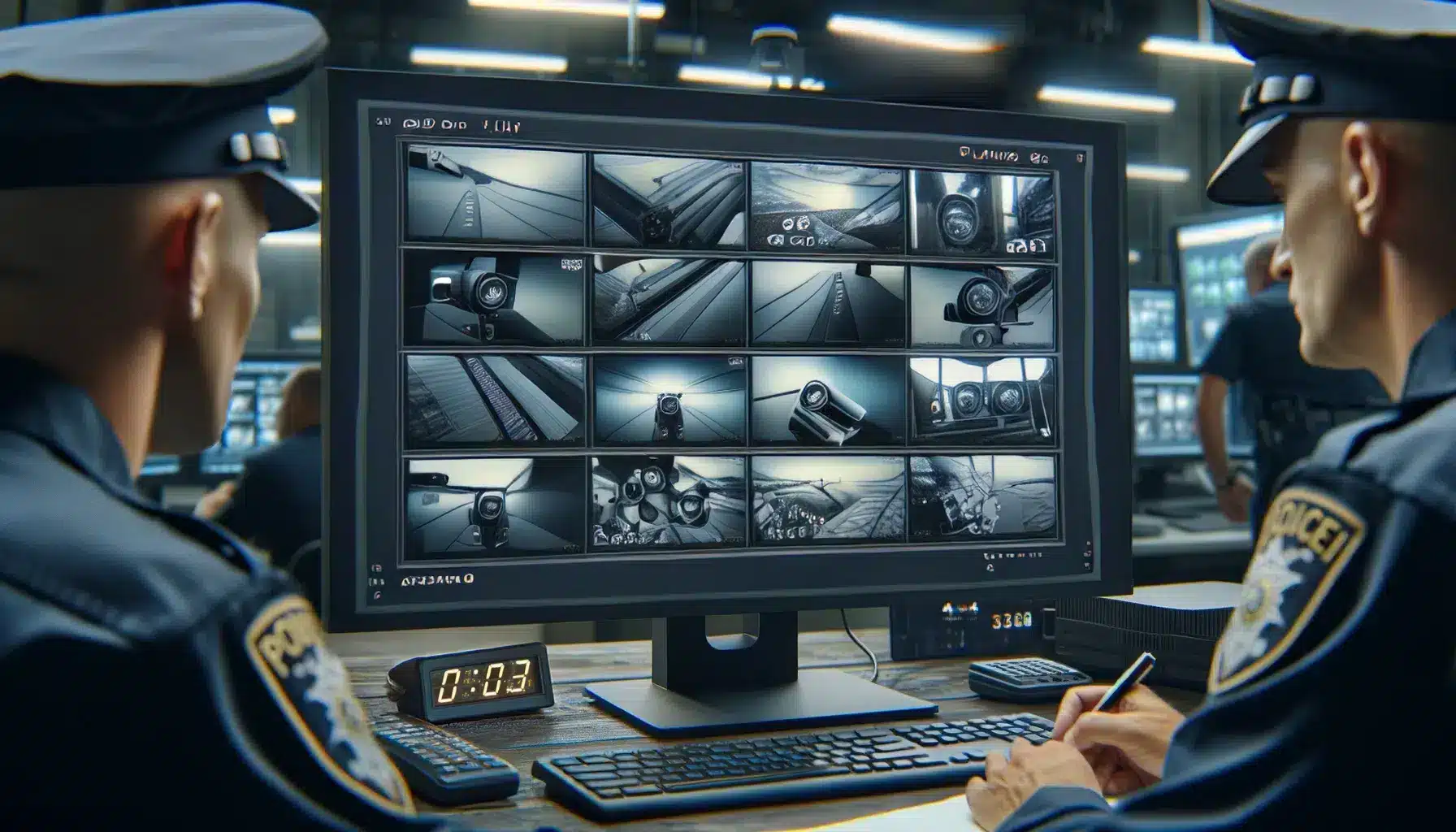 Detailed image showing CCTV footage on a security monitor used for law enforcement, displaying high-resolution images of a suspect involved in a crime. Police officers are reviewing the footage in a control room, emphasizing the role of 4K cameras in providing clear evidence for investigations and court cases.
