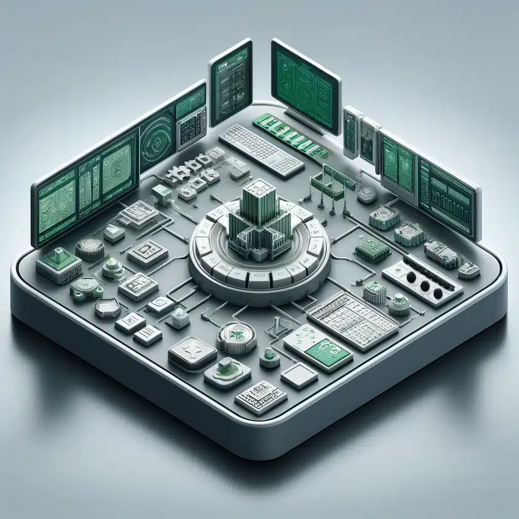 3D isometric view of a central control panel in a cloud-based access control system, showcasing various system options and configurations in green and grey, emphasizing the importance of strategic decision-making in security technology.