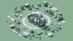 Wide angle view of a cloud-based access control system featuring centralized hubs and various integrated security technologies, in a professional green and grey 3D isometric style.