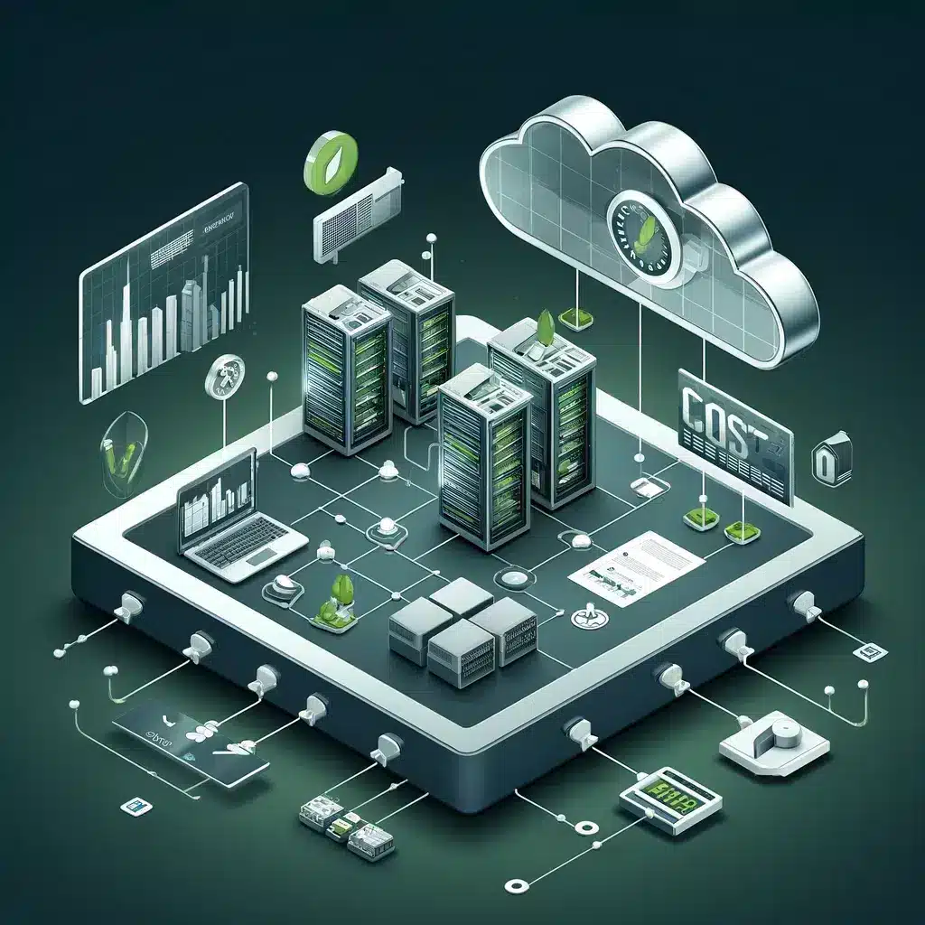 cost efficiency in cloud-based access control systems, featuring streamlined network infrastructure and cost graphs in a professional green and grey color scheme.