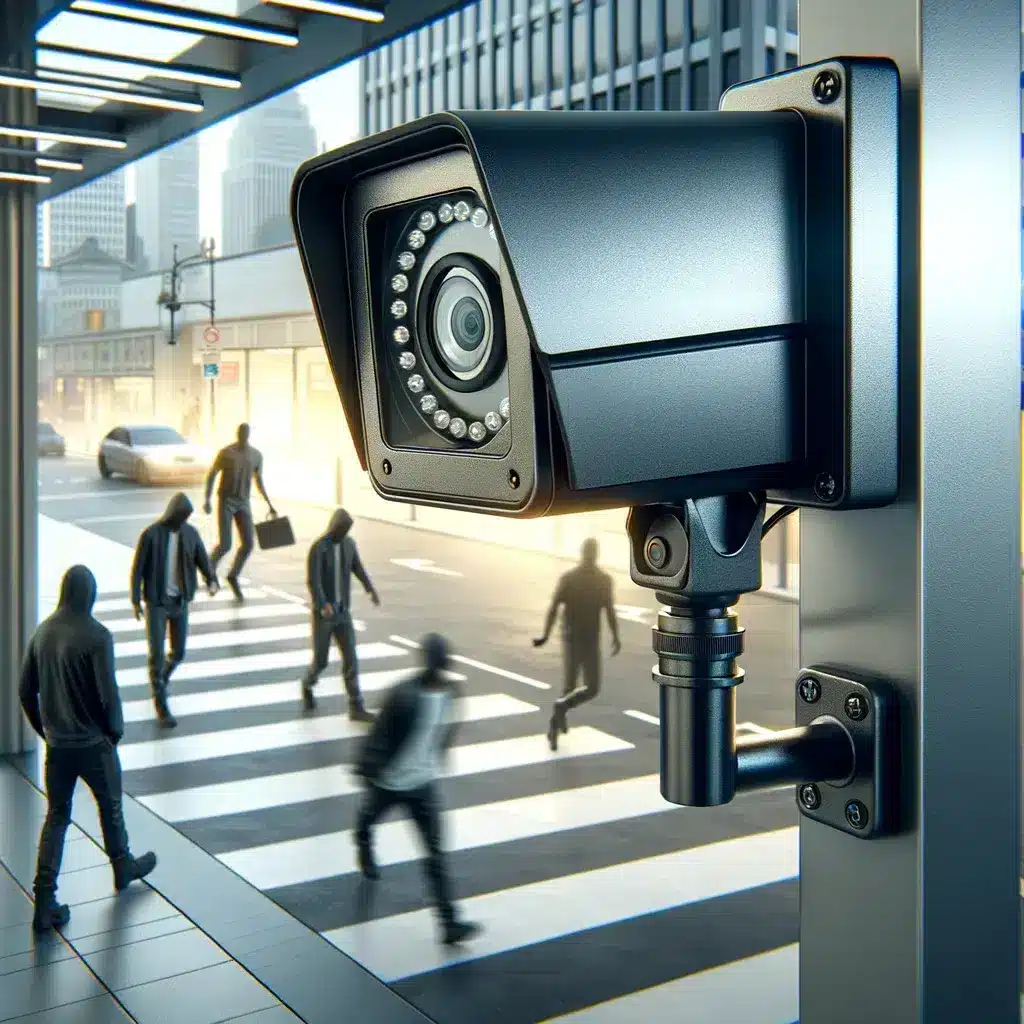 Square image representing crime deterrence through CCTV surveillance, showing a visible security camera in a public area with potential criminals appearing hesitant due to the camera's presence, designed with a futuristic and realistic style.