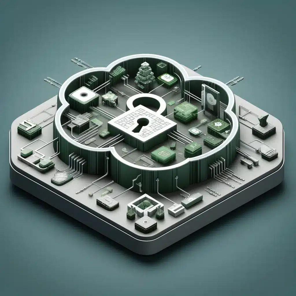 Advanced cybersecurity in cloud-based access control systems, depicted in 3D with digital locks, encrypted data streams, and protective firewalls in a professional green and grey color scheme.
