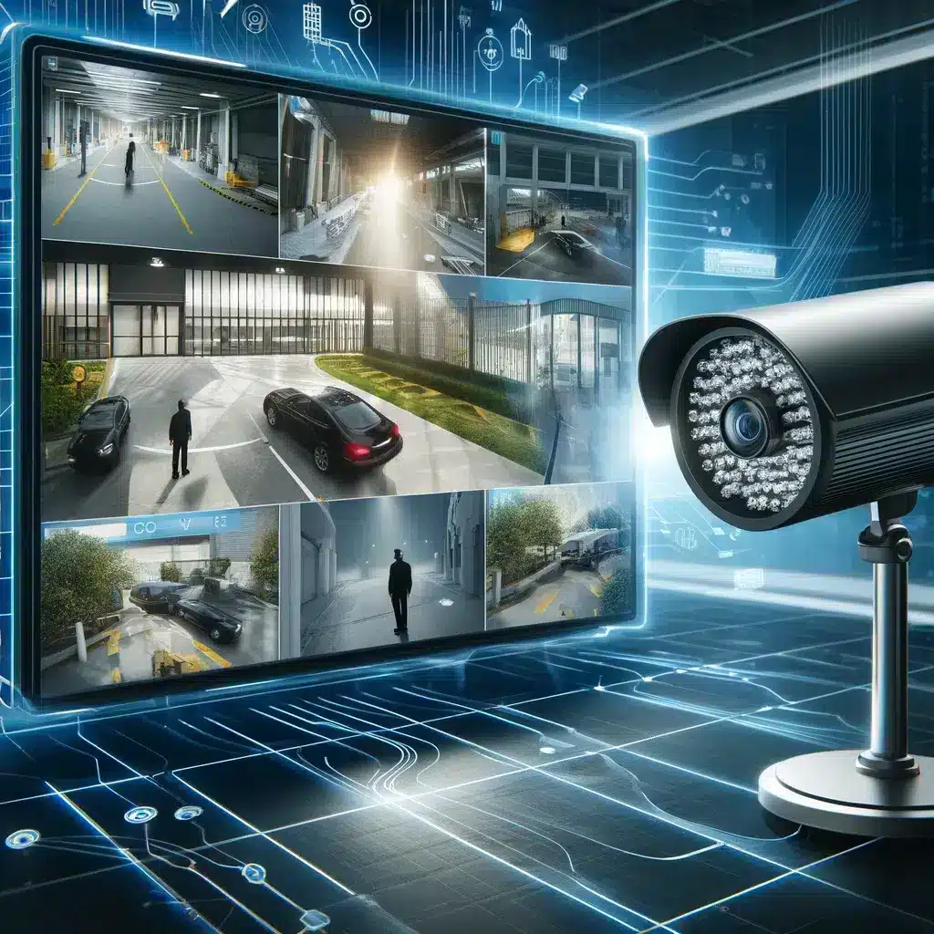 Square image representing enhanced safety and security through CCTV surveillance, showing high-definition security cameras monitoring high-risk areas such as entrances and parking lots, with footage displayed on a monitor allowing quick response to suspicious activities, designed with a futuristic and realistic style.