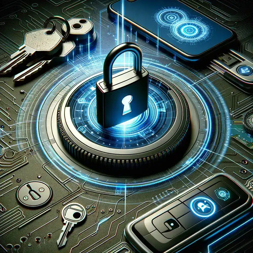 Enhanced security features of key fob access control system with digital locks, audit trails, and rapid deactivation technology depicted in a futuristic 3D style.