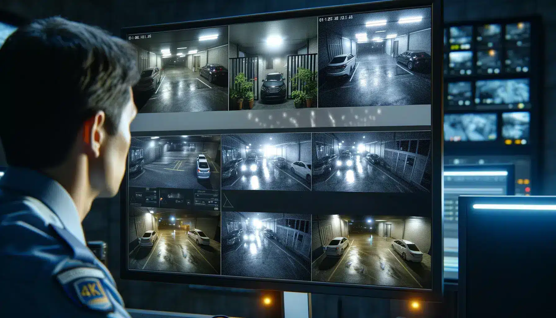 Detailed image showing security camera footage on a monitor, displaying enhanced visibility in a challenging lighting situation such as an entryway and parking lot at night, with clear and well-lit details of faces, vehicles, and license plates.