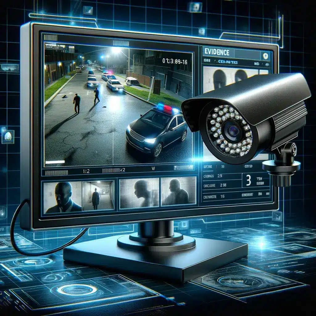 High-definition CCTV camera capturing evidence of crime scene with facial features and license plate.