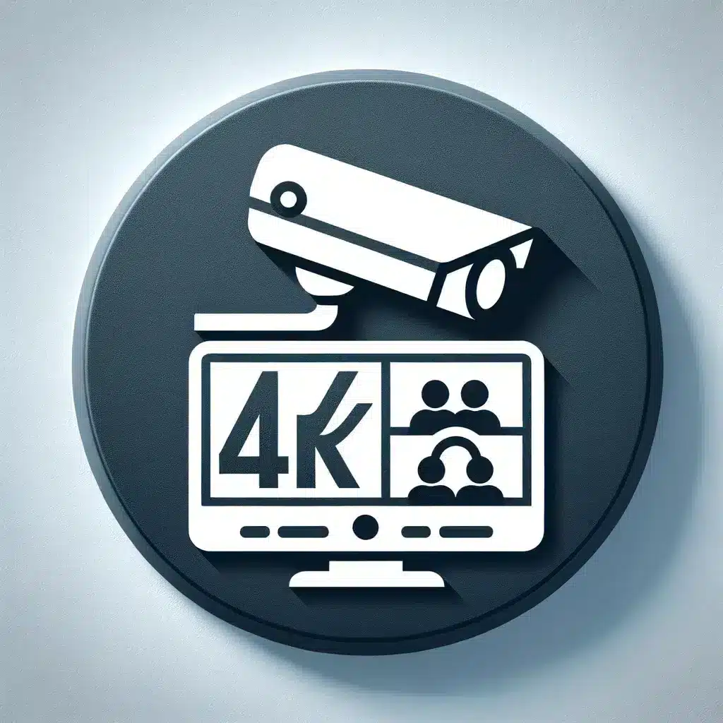 Round icon representing high-resolution 4K security camera footage, featuring a security camera and a monitor displaying clear, detailed images of individuals and objects, emphasizing superior image quality.