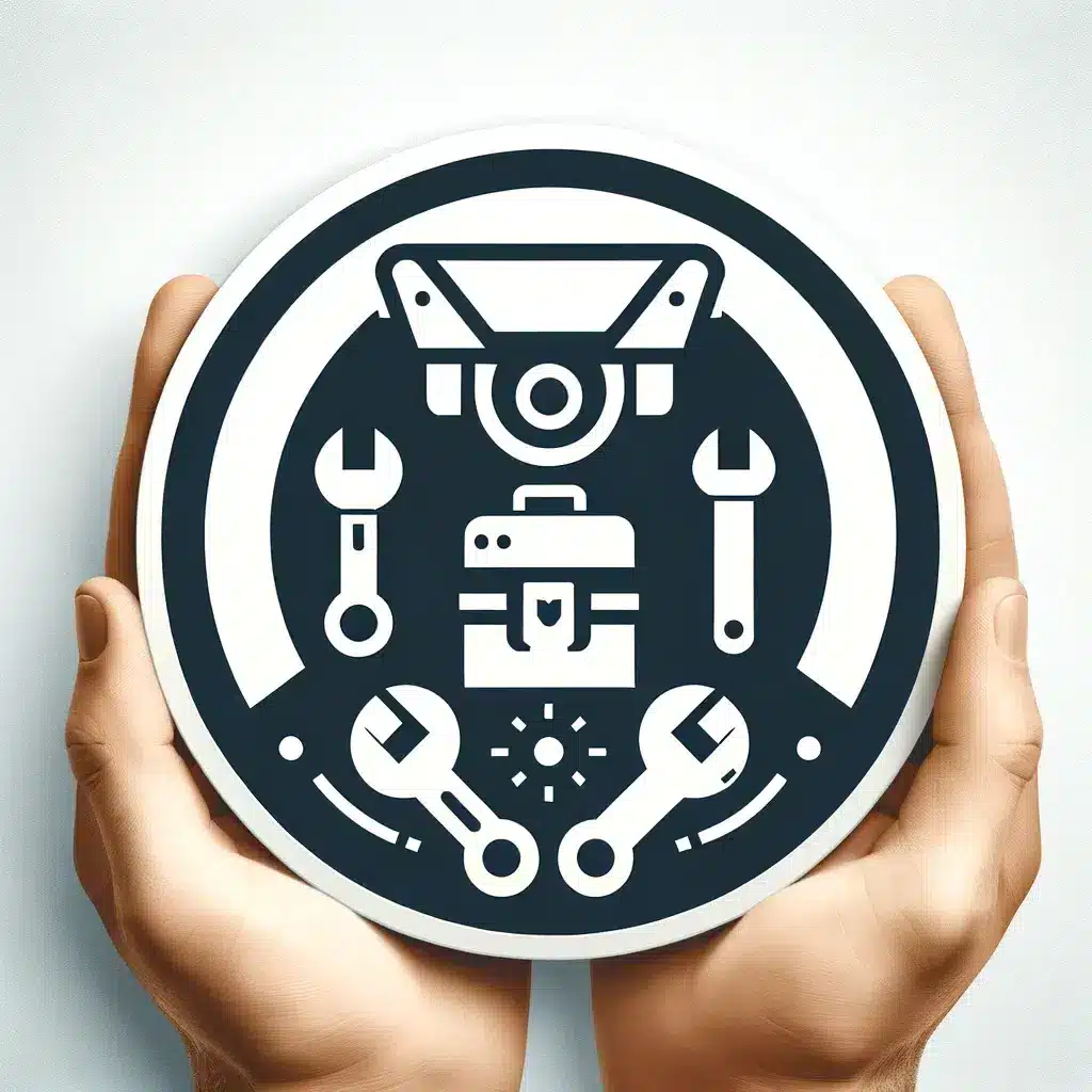 Round icon representing installation and maintenance requirements for CCTV systems, featuring symbols such as a security camera, wrench, and toolbox, emphasizing proper installation and regular maintenance.