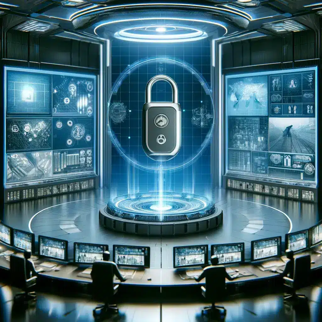 A high-tech control room displaying seamless integration of a key fob system with CCTV and alarm systems, highlighting comprehensive monitoring capabilities in a futuristic setting.