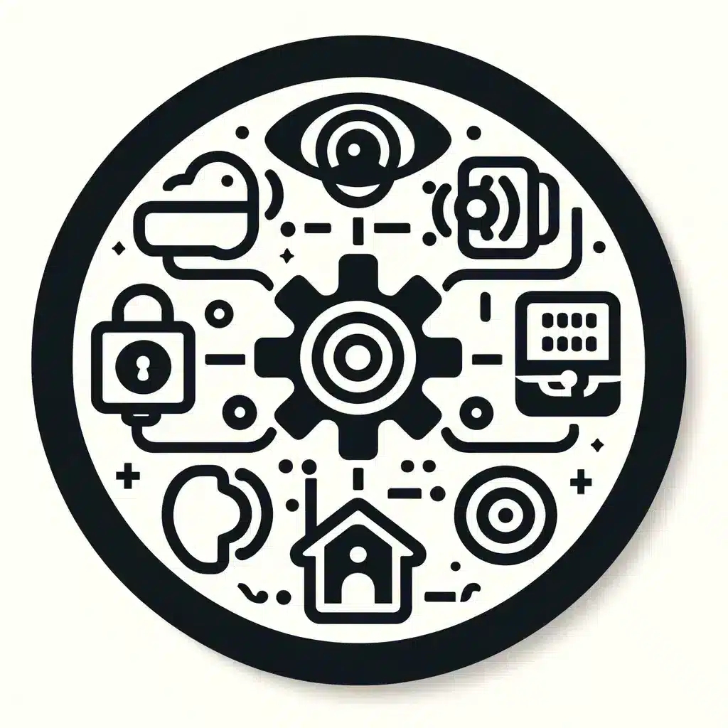 Round icon representing integration capabilities for CCTV systems, featuring symbols such as a security camera, alarm bell, access control card, and smart home device, emphasizing seamless integration of various security measures.