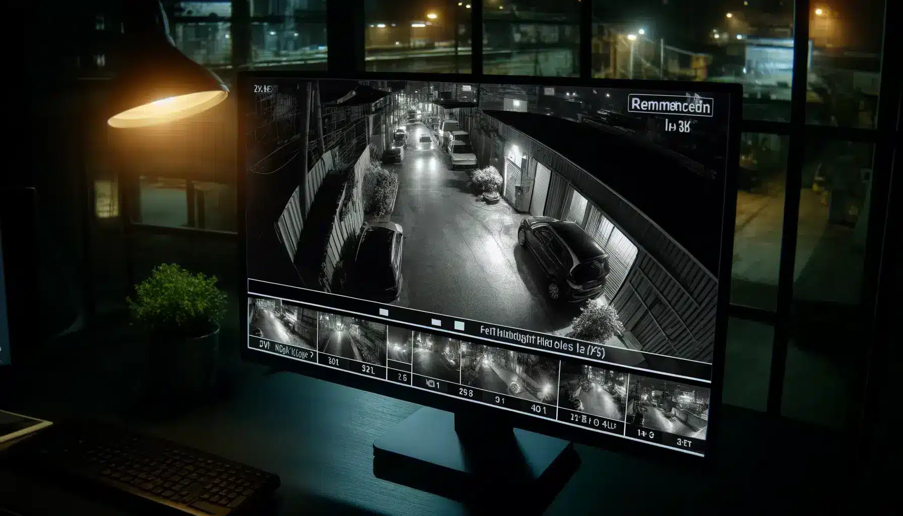 Detailed image showing security camera footage on a monitor displaying advanced night vision capabilities, capturing clear images of a dark alley or parking lot at night, including faces and vehicles, demonstrating the importance of 4K cameras for 24/7 surveillance and crime prevention.