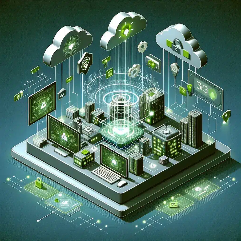 3D isometric depiction of real-time updates for enhanced security in a cloud-based access control system, showing digital signals and alerts flowing through a network in a high-tech setting.