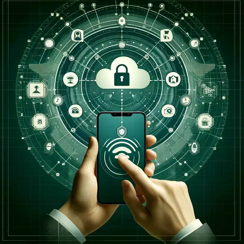 Digital depiction of remote accessibility in cloud-based access control systems, featuring a user managing security via a smartphone, with digital connectivity lines and security icons in a green and grey color scheme.