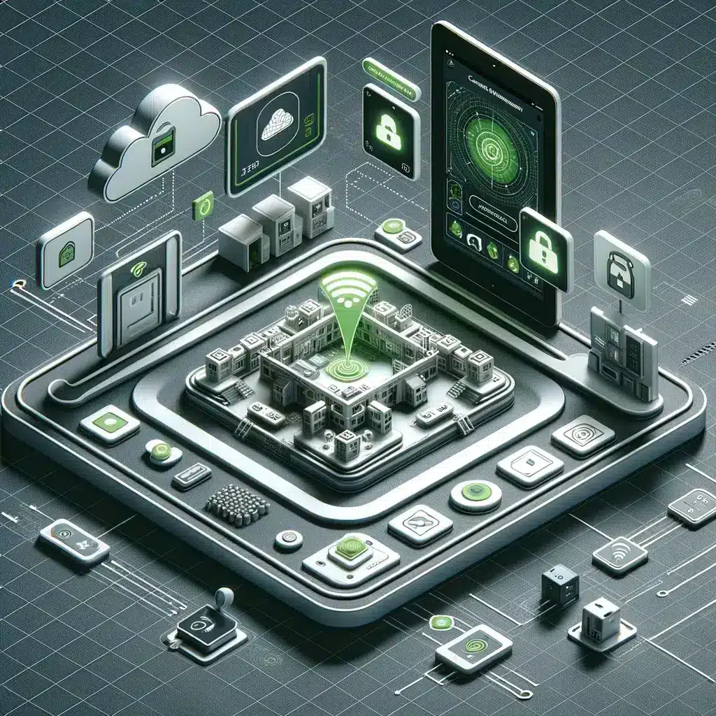 3D isometric illustration of remote and centralized management in a cloud-based access control system, featuring a tablet managing various security options in a high-tech environment.