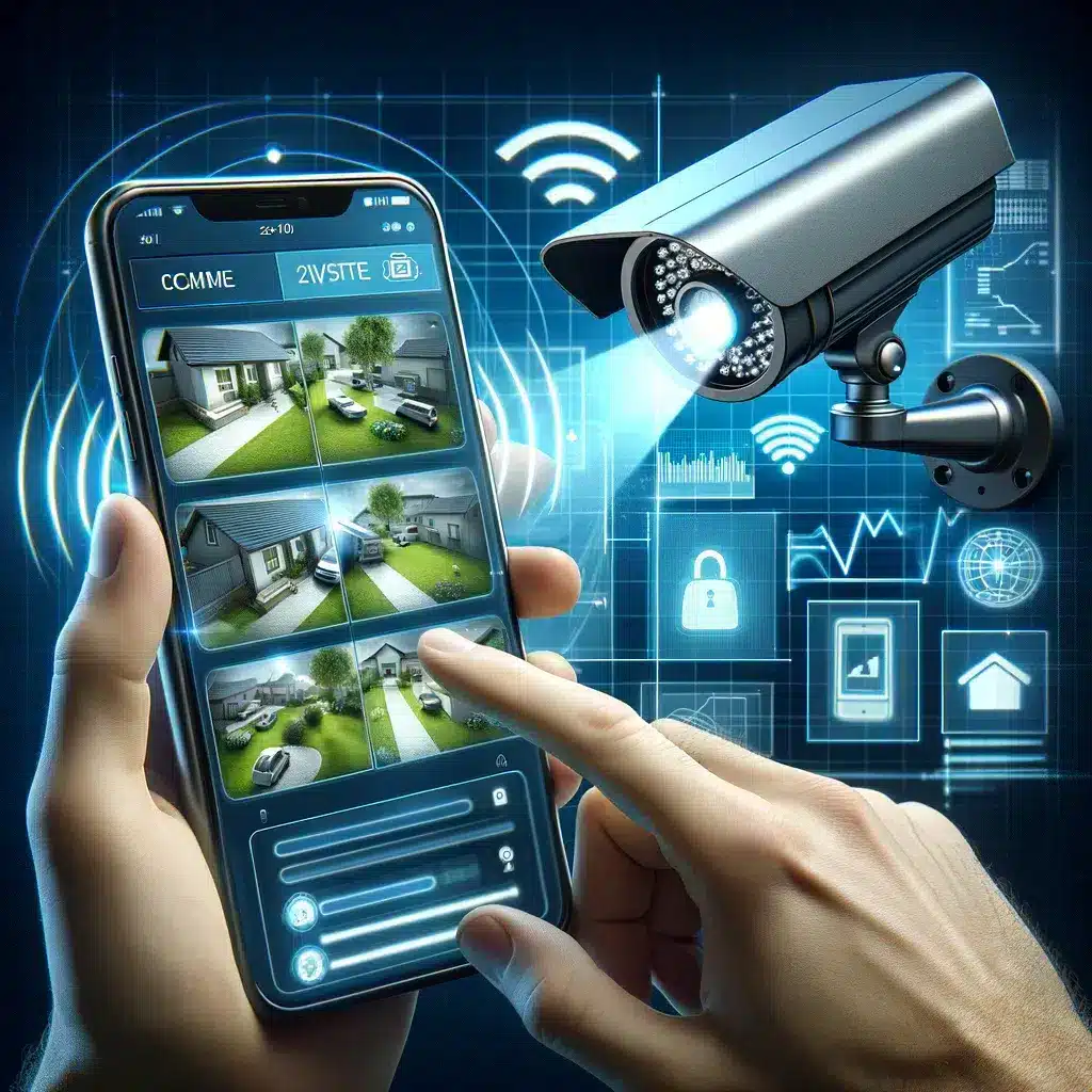 Square image representing remote monitoring through CCTV surveillance, showing a high-definition security camera capturing footage accessible on a smartphone, with a person viewing live camera footage of their property from a remote location, designed with a futuristic and realistic style.