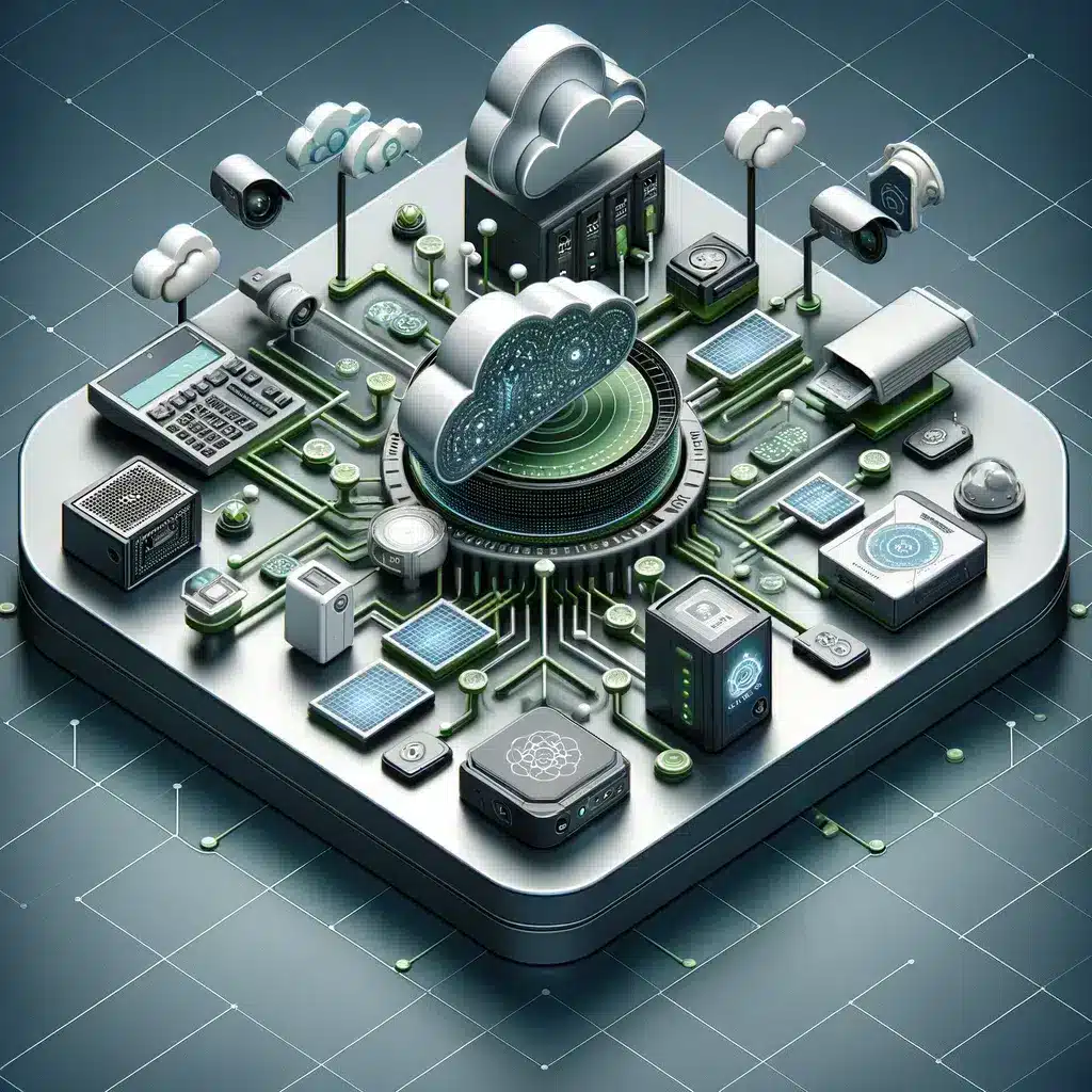 3D isometric depiction of seamless integration for unified security in a cloud-based access control system, featuring a central security hub connected to CCTV, alarms, and access devices in green and grey.