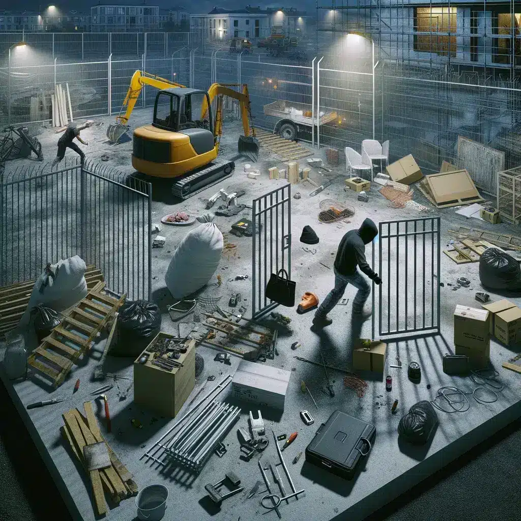 Ultra-realistic image depicting theft and vandalism at a construction site, showing broken fences, stolen equipment, and scattered materials with a thief carrying away tools and vandalized equipment, highlighting the vulnerability of the site after hours.