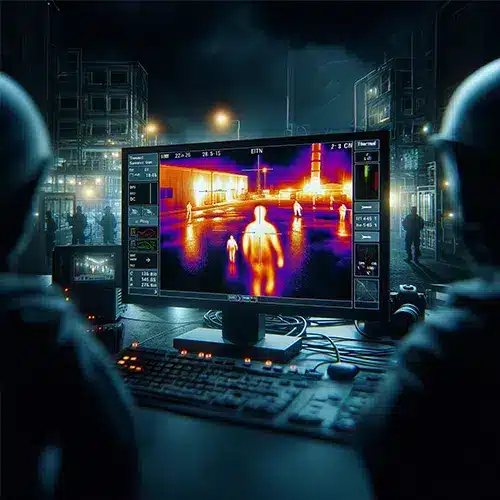 Detailed image showing thermal camera footage on a security monitor, displaying heat signatures of individuals in a night-time setting with clear visibility in low-light conditions such as fog or smoke. The scene includes an industrial site or critical infrastructure area, emphasizing the camera's effectiveness for night-time surveillance and detecting intruders.