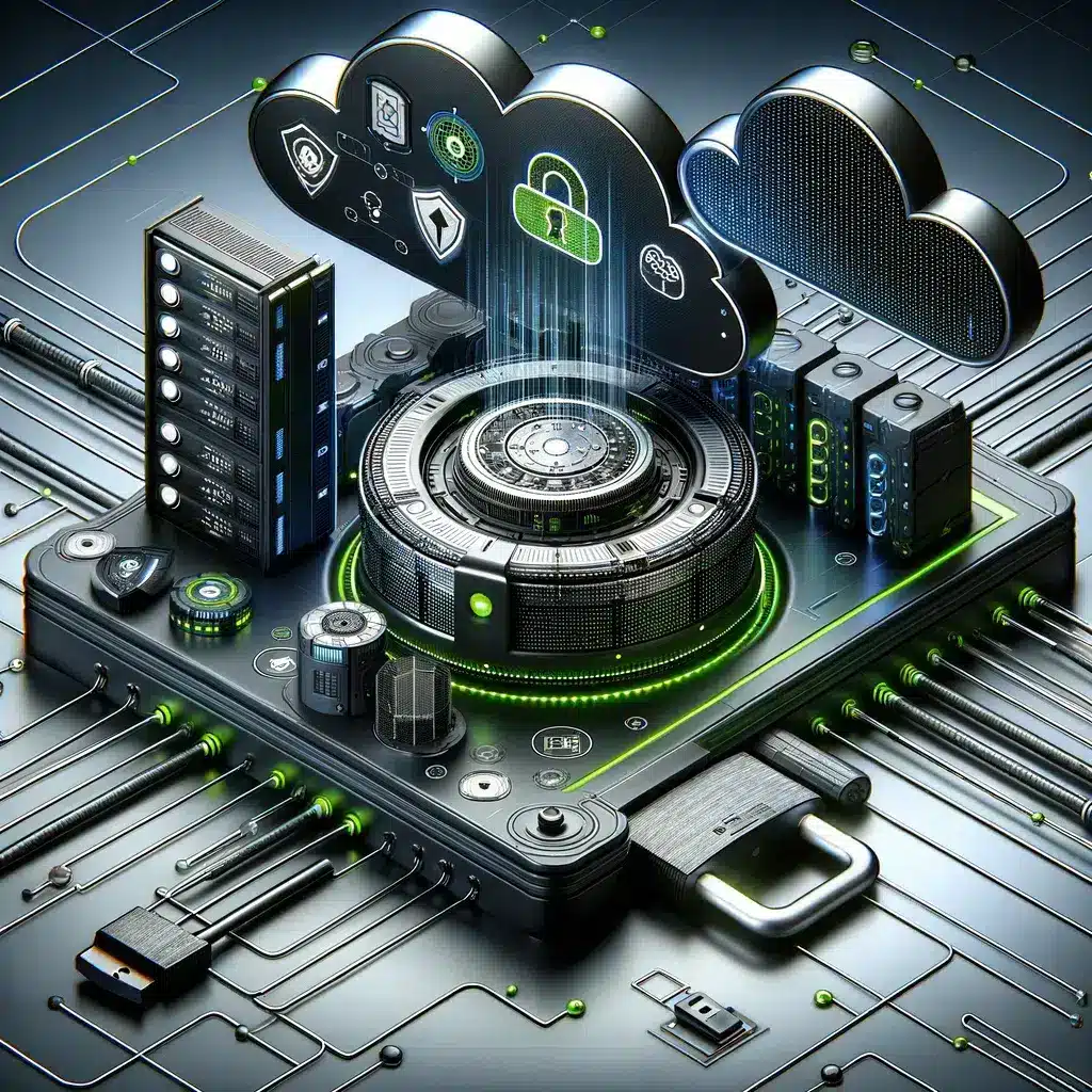 A futuristic depiction of a secure digital vault and network, safeguarded by digital locks and encryption symbols, emphasizing compliance and data protection in cloud-based security systems.