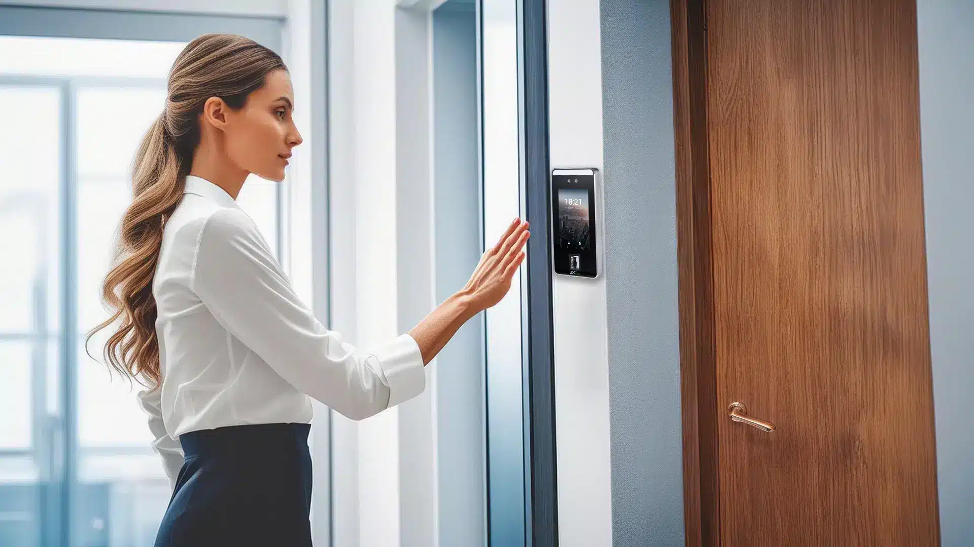 Beautiful young professional woman accesssing a Access Controlled door with a biometric device