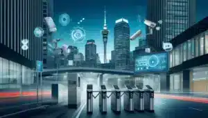 Corporate security system setup in New Zealand with access control systems, CCTV cameras, alarm systems, turnstile access control, and vehicle barriers, featuring the Sky Tower in the background.