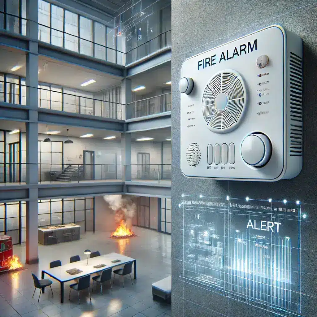 A realistic image of a fire alarm system in action, with alarms mounted on a wall and ceiling, sensors detecting smoke and heat, and a visual alert notification, highlighting the system's effectiveness in providing early warning and saving lives and property.
