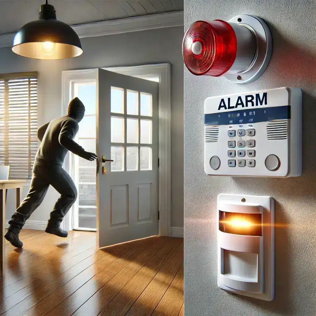 A realistic image showing an intruder caught by alarm sirens and strobes being triggered by unauthorized entry. The scene includes sensors on doors and windows with a single visible alarm siren and strobe light mounted on the wall, emphasizing the security system's effectiveness.