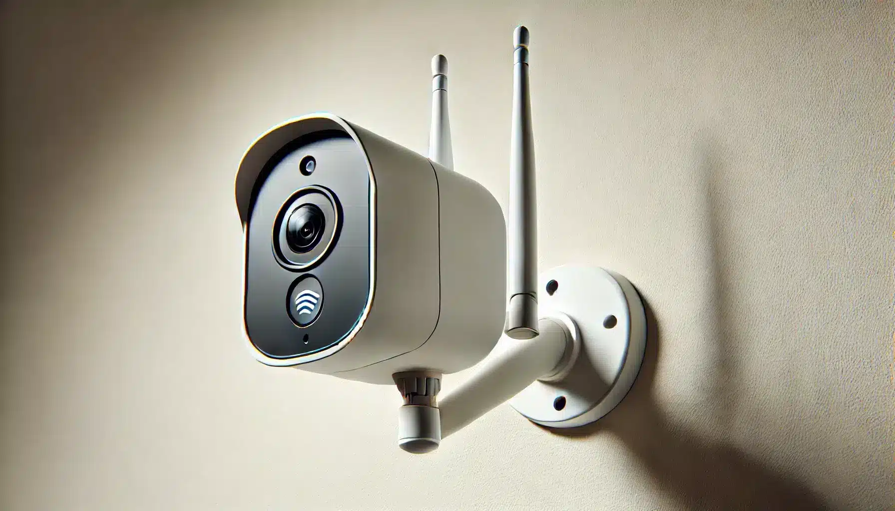 A wide-angle realistic image of a modern white wireless security camera mounted on a wall, with visible antennas indicating its wireless nature. The camera is sleek and set against a neutral background, emphasizing its design and wireless features.