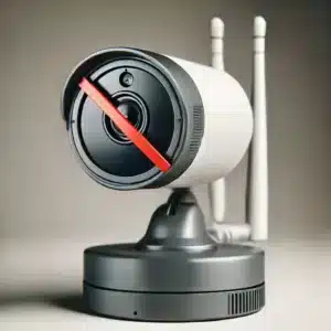 A modern wireless security camera with a red stop sign over it, indicating that it is not recommended. The camera is sleek and set against a neutral background.