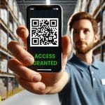 a man holding a phone with a qr code on it