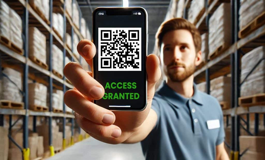 a man holding a phone with a qr code on it