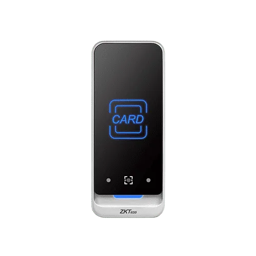 ZKTeco QR600-V vertical waterproof access control reader with dynamic QR code and RFID support.