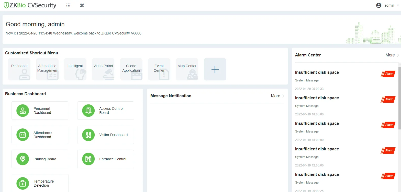 ZKBio CVSecurity V6600 dashboard showing shortcut menu, business dashboard links, and Alarm Centre with multiple insufficient disk space alerts