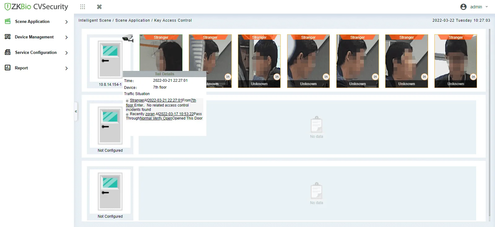 ZKBio CVSecurity Key Access Control dashboard showing strangers detected at 7th floor device with tail details popup on 2022-03-21