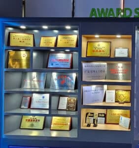 Awards display wall showcasing various recognitions and accolades earned by ZKTeco for excellence in technology and innovation.