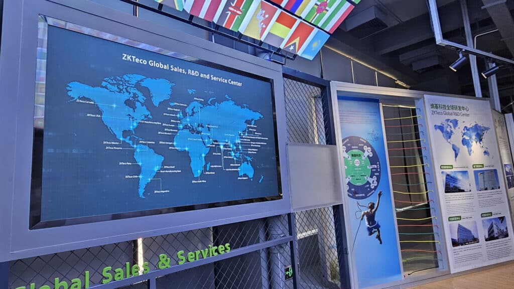 Map display illustrating ZKTeco’s global sales, R&D, and service centers across various countries and regions.