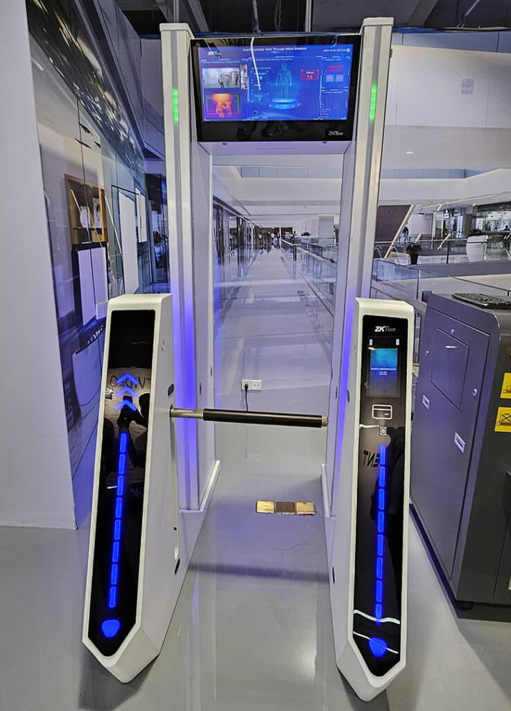 ZKTeco’s metal detector solution on display, showing advanced walkthrough detection technology integrated with security access.