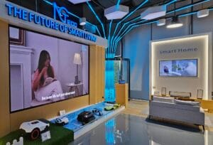 Showcase of NGTeco's Smart IoT products for smart living, featuring robotic devices and a smart home setup emphasizing the future of connected living.