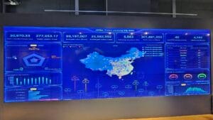 Data visualization display showing ZKTeco’s Smart Parking Big Data, with metrics on income, orders, traffic volume, payment methods, and distribution across China.