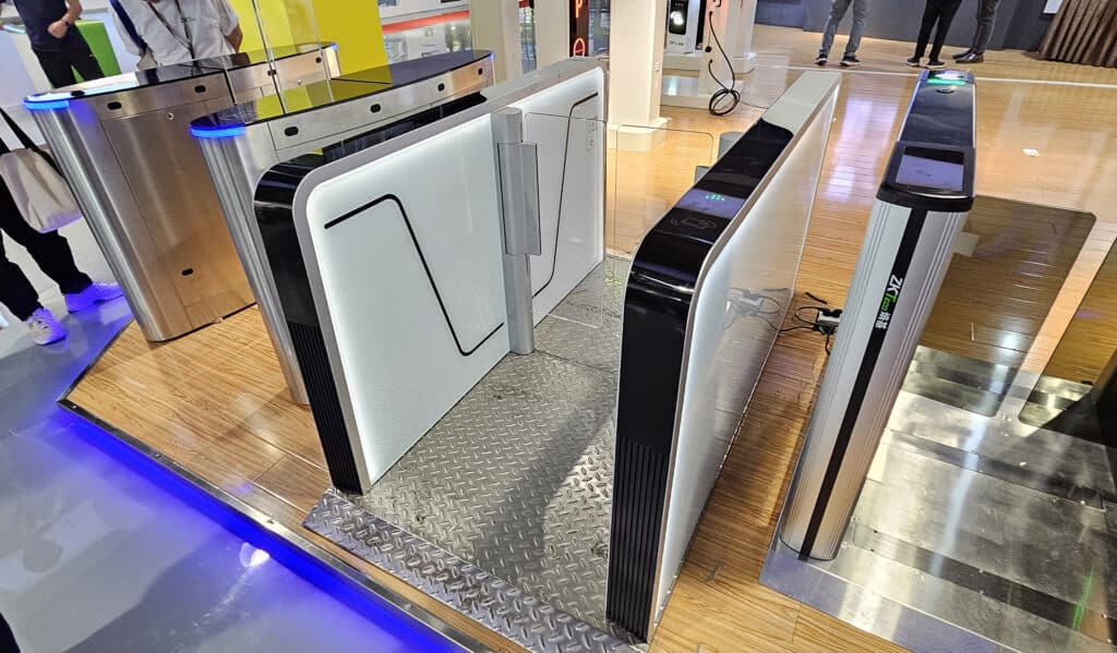 Display of ZKTeco’s sleek turnstile barriers, featuring advanced access control technology for secure and seamless entry management.