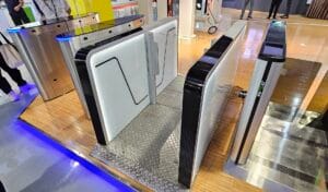 Display of ZKTeco’s sleek turnstile barriers, featuring advanced access control technology for secure and seamless entry management.